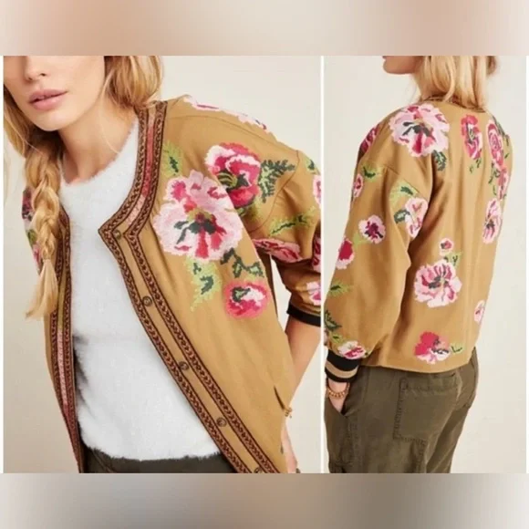 Anthropologie Floral Embroidered Boho Bomber Jacket Size XS - Picture 5 of 15